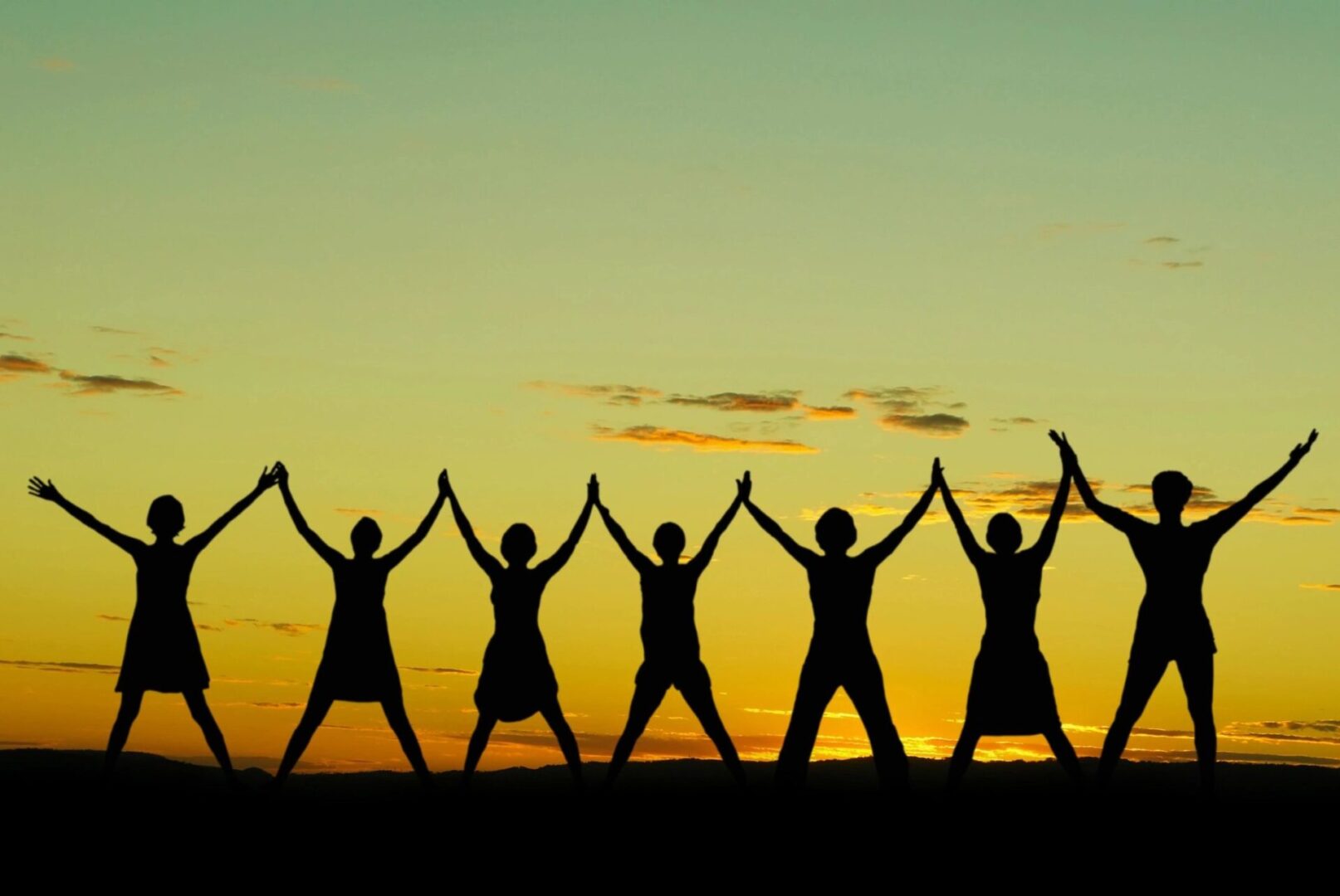 Silhouetted group holding hands against a sunset sky.